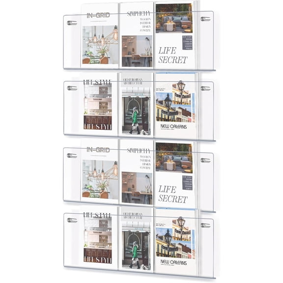4 Pack 21" Clear Acrylic Magazine Holder Wall Mount Hanging Bookshelf Magazine Rack Brochure Holder for Waiting Room, Living Room, Office, Home Display