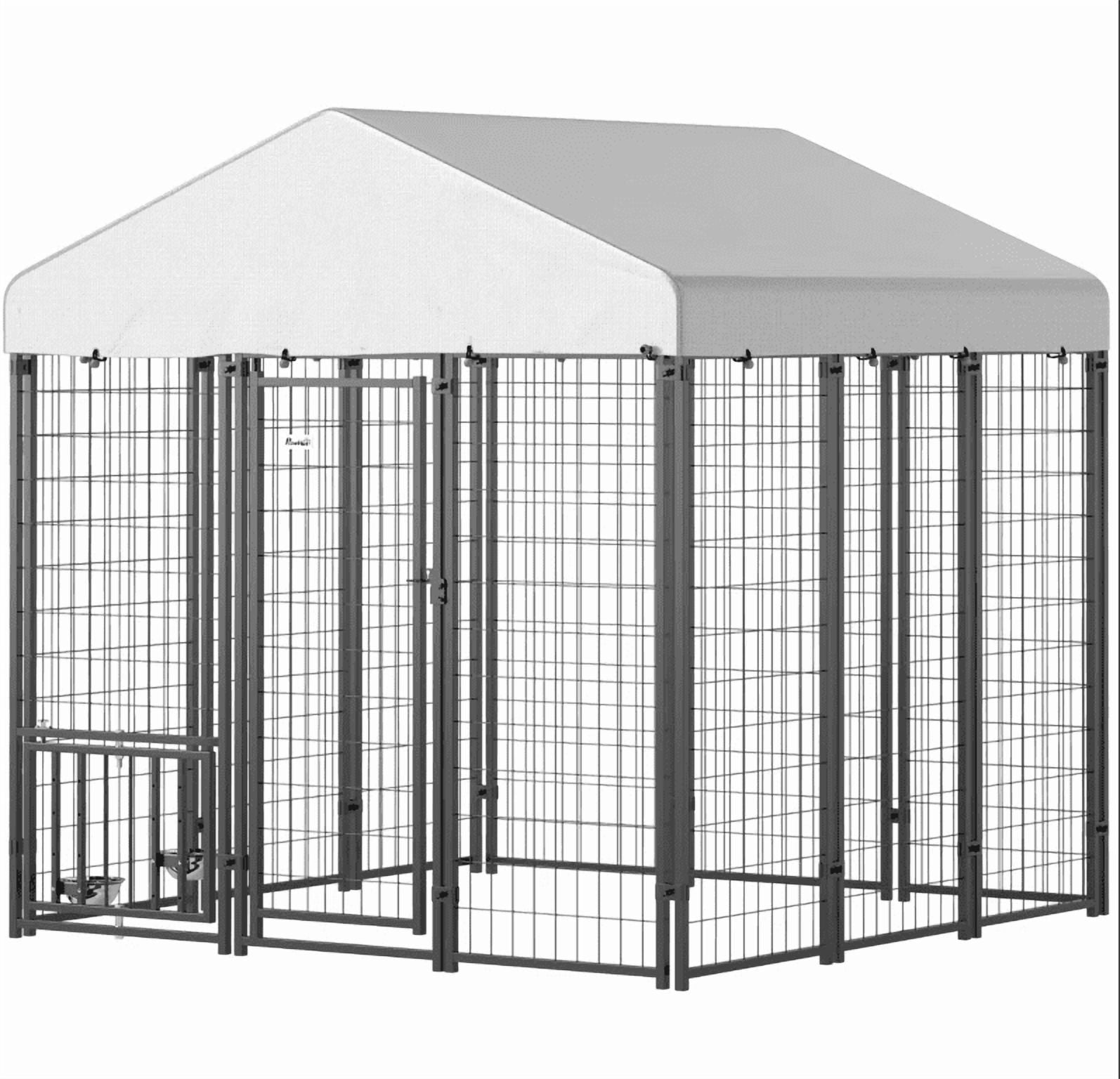 Outdoor Dog Kennel with Roof, Rotating with 4-Level Adjustable Bowls,Silver, Black