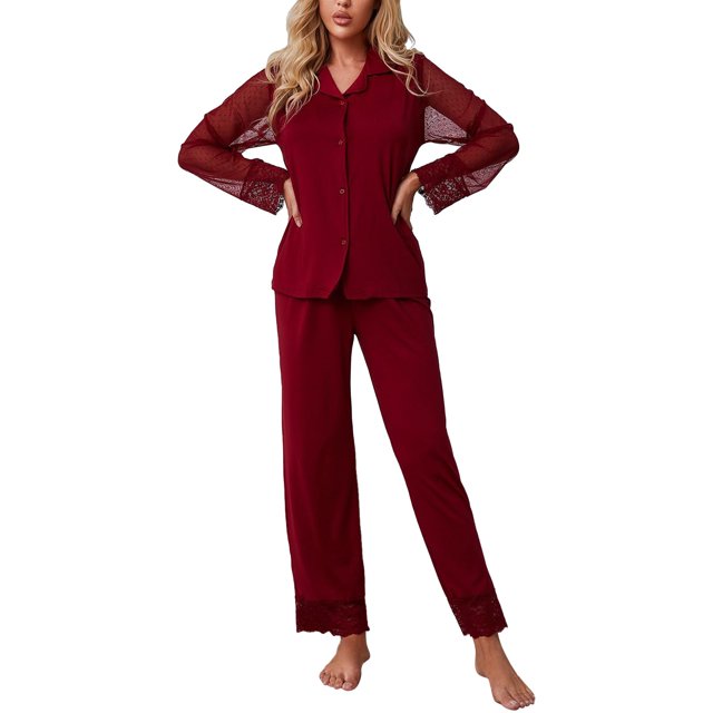 Gibobby Pijamas para mujer Stain Ice Silk Mujer Manga larga 2 piezas Panel de encaje Trajes Solapa Homewear(A,G)