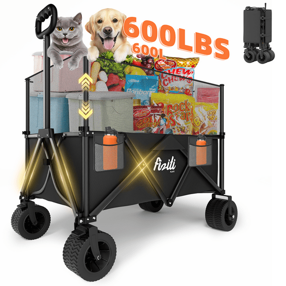 Wagons Carts Foldable 600LBS Heavy Duty Collapsible Wagon 21cuft Folding Beach Sports Wagons with Big All-Terrain Wheels Utility Carts for Groceries Garden Shopping Camping 4 Cup Holders Black