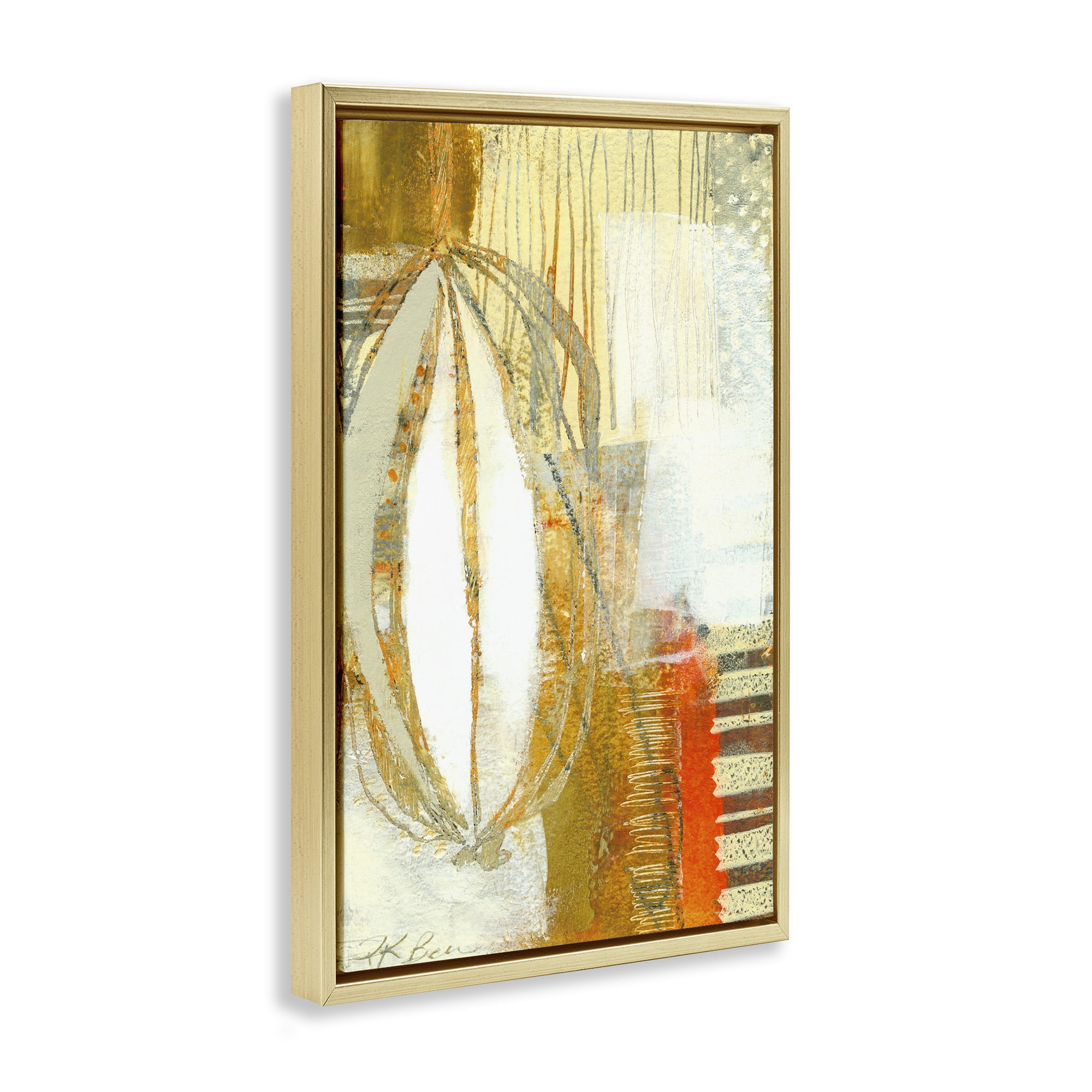 Stupell Industries Rustic Oblong Shape Collage Abstract Painting Gold Floater Framed Canvas Art Print Wall Art, 21 x 31