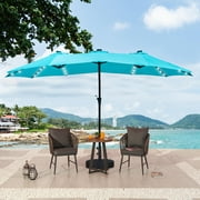 Outdoor Basic Table Umbrella 15FT Double-Sided Patio Umbrella W/ Solar Lights, Outdoor Market Umbrella W/ Crank-Blue