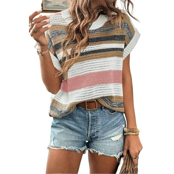 Women's Pink Stripe Color Block Eyelet Knit Short Sleeve Sweater Tee | [ZhiHiMeRi] | (US 12-14)L