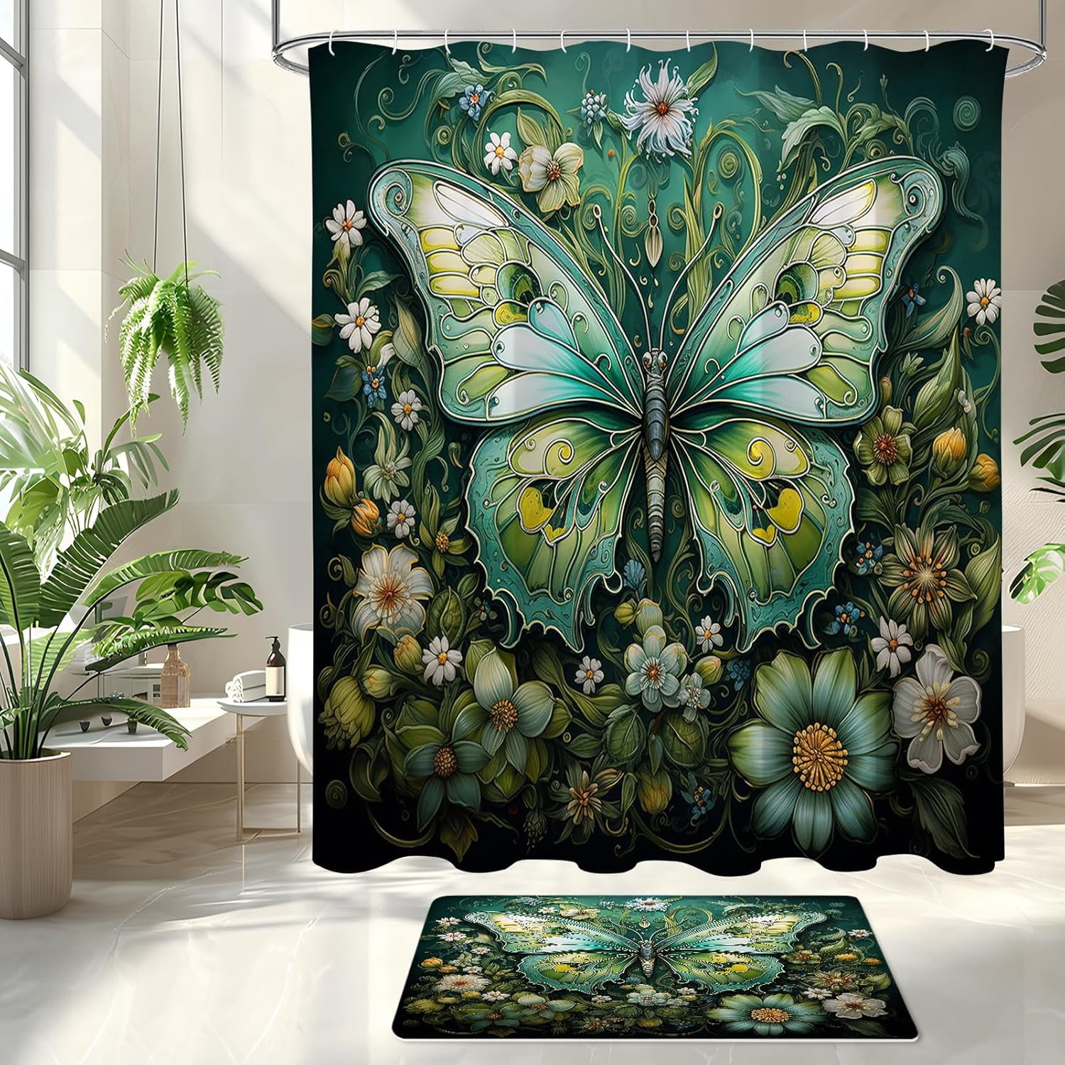 4 Pcs Purple Butterfly Shower Curtain Set with Non-Slip Rugs, Modern Toilet Lid Cover and Bath Mat, Floral Chic Bathroom Decor Set with Shower Curtain and Rugs