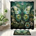 thumbnail image 3 of 4 Pcs Purple Butterfly Shower Curtain Set with Non-Slip Rugs, Modern Toilet Lid Cover and Bath Mat, Floral Chic Bathroom Decor Set with Shower Curtain and Rugs, 3 of 6