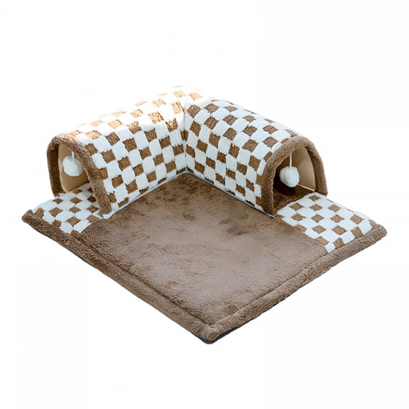 LAMIRO 2 in 1 Cat Bed Play Tunnel Cats Play Mat with Playing Ball Toys Kitty Training Play Center Interactive for Indoor Cats Rabbit Brown M Ball Pit for Cats