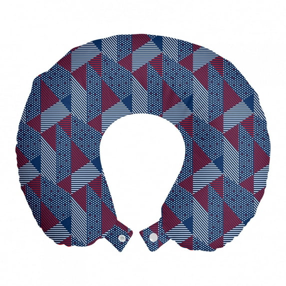 Abstract Travel Pillow Neck Rest, Rhythmic Stripes Triangles Dots Geometric Arrangement Pattern, Memory Foam Traveling Accessory Airplane and Car, 12", Night Blue Vermilion, by Ambesonne