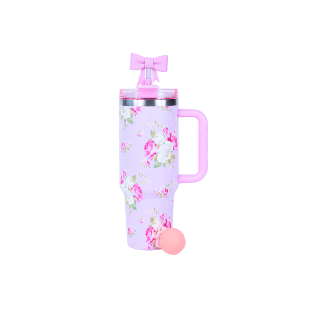 Hi Peach Layne Pink Floral Tumbler 40oz with Straw, Handle, & 30g