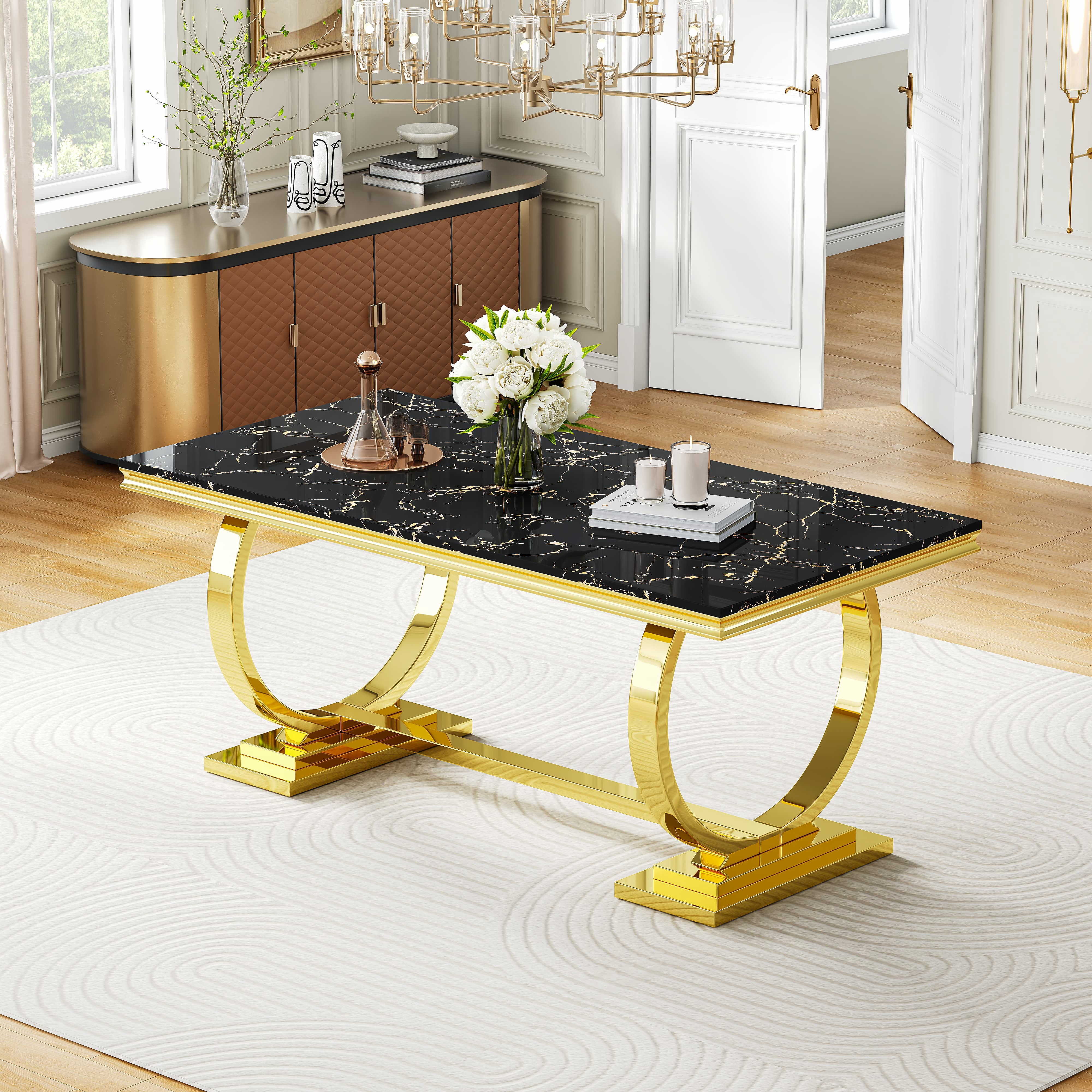 70" Rectangular Marble Dining Table, Polished Stainless Steel O-Shaped Base and Faux Marble Top for Dining Room or Kitchen