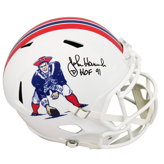 John Hannah Signed New England Patriots Throwback Riddell Full Size Speed Replica Helmet w/HOF'91