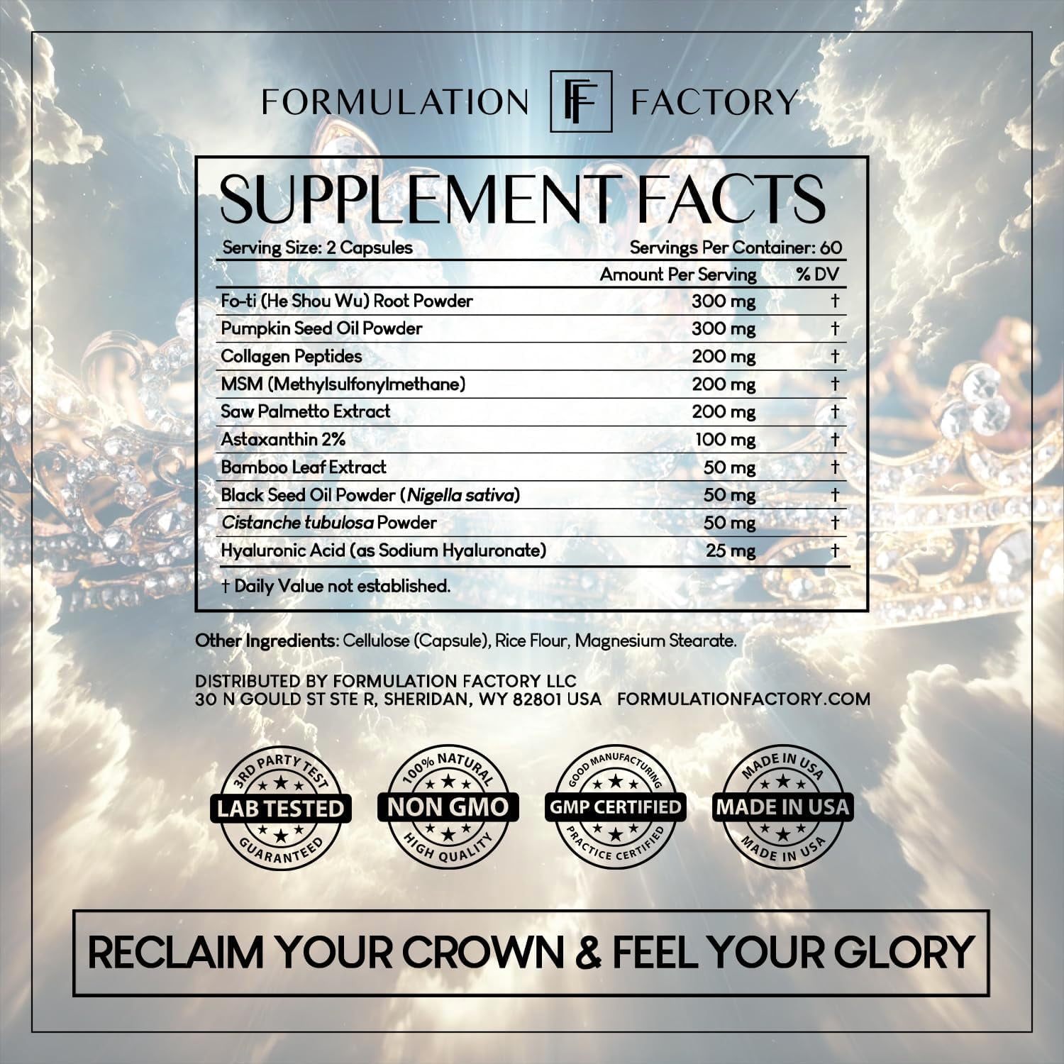 Formulation Factory Crown of Glory Hair Growth Supplement, 10-in-1 Follicle Support with Fo-Ti & Collagen, 120 Capsules, 2-Month Supply