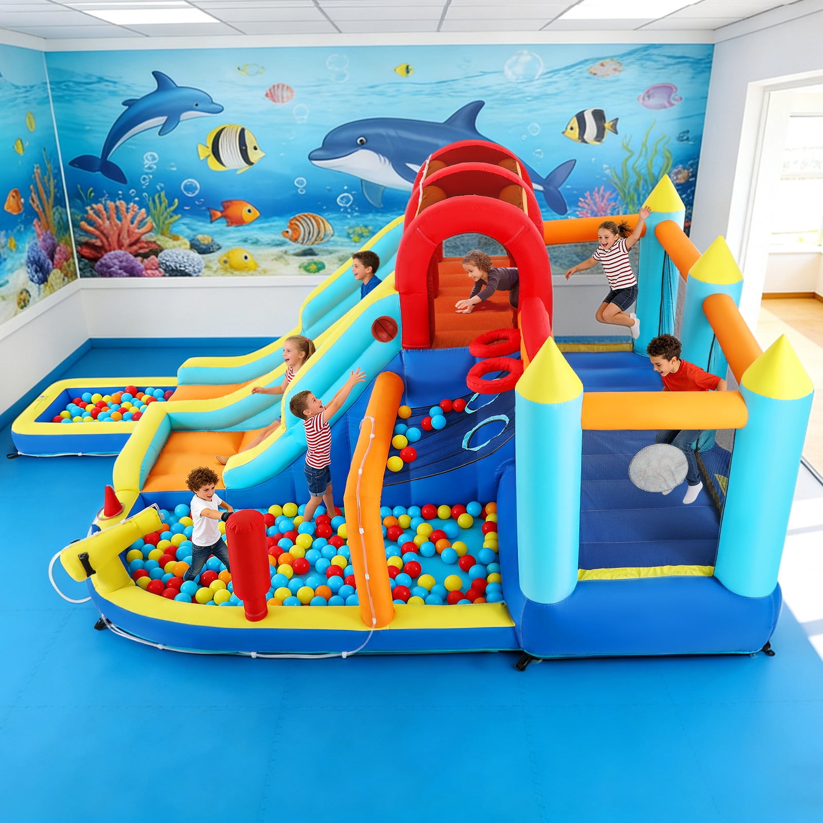 9in1 Inflatable Double Water Slides Bouncer House Water Park Playhouse w/Climbing Wall,Splash Pool,Trampoline,2 Basketball Hoops,Water Guns,Blower Backyard Fun Indoor Outdoor
