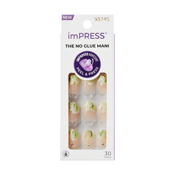 KISS imPRESS Press on Nails, Design, Coffee Lover, Green, Short Oval, 30 Count