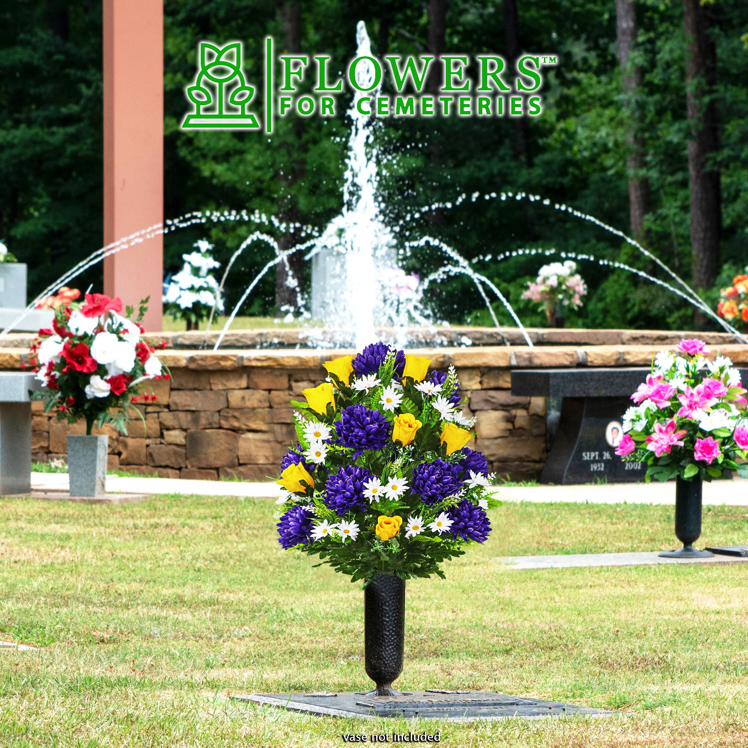 Sympathy Silks Artificial Purple Flowers for Cemetery with Vase Bouquet