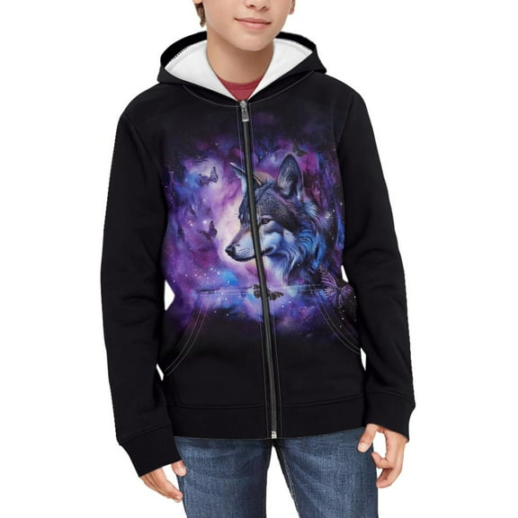 DISNIMO Galaxy Wolf Hoodie Kids Butterfly Hoodie with Front Zipper Hoodies for Boys 6-7 Graphic Sweatshirts Boys Sweatshirt Hoodie Zip Childrens Hoodie Jackets Girls Little Boy Animal Hoodie