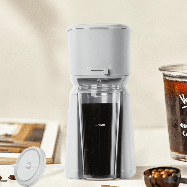 Mainstays Single Serve Iced Coffee Maker, Soft Silver, with Reusable Filter and Travel Tumbler