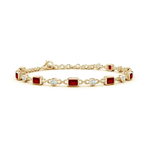 ANGARA Emerald-Cut Lab Grown 2.4 Ct Ruby and Diamond Station Bracelet for Women in 14K Yellow Gold (Size-4x3mm) | July Birthstone, Anniversary, Jewelry Gift for Women | Lab-Grown Ruby Bracelet