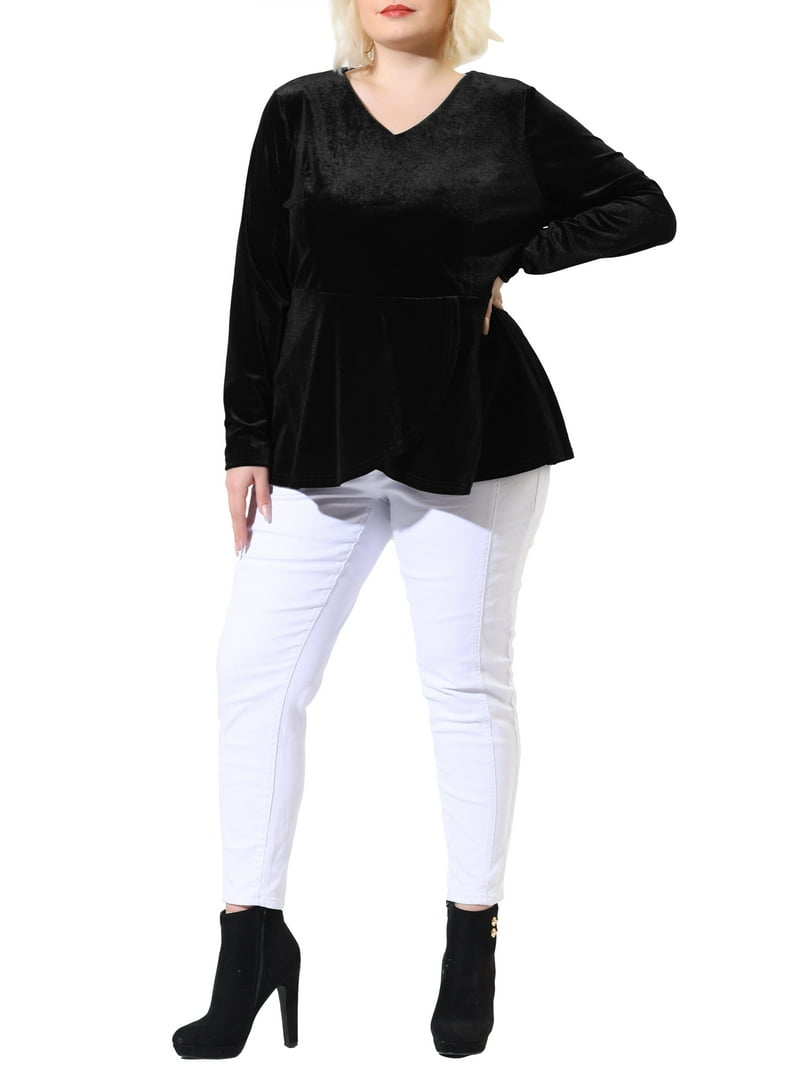 Agnes Orinda Plus Size Velvet Top - Square Neck Long Sleeve Pullover Blouse For Women