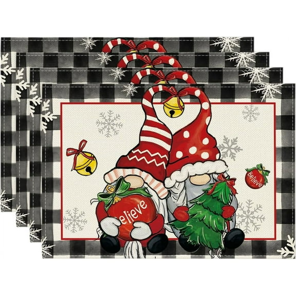 mubwai Gnome Believe Xmas Balls Christmas Placemats Set of 4, 12x18 Inch Seasonal Winter Snowflake Table Mats for Party Kitchen Dining Decoration