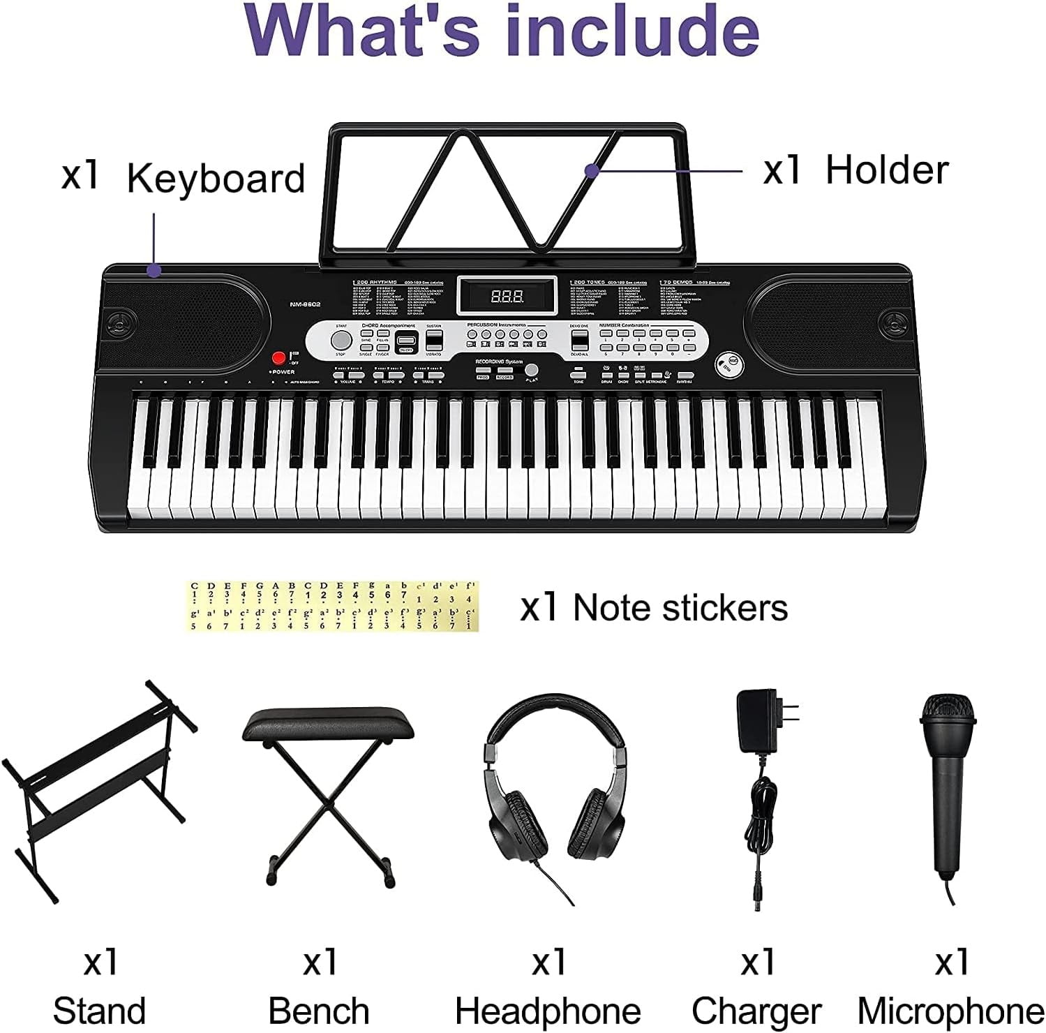 Complete 61‑Key Portable Electronic Keyboard Set – LCD Screen, 200 Voices & Rhythms – Includes Stand, Stool, Headphones, Microphone, Music Holder, Note Stickers, Carrying Bag – For Beginners & Kids