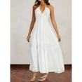 thumbnail image 3 of OYOANGLE Women's Tie Backless Halter V Neck Dress Ruched Bow Knot Flowy Maxi Dresses White S, 3 of 5