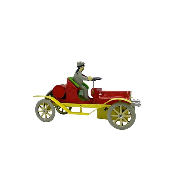 Old Fashioned Brass-style Wind-up Collectible Tin Toy Car - 7" - Red and Yellow