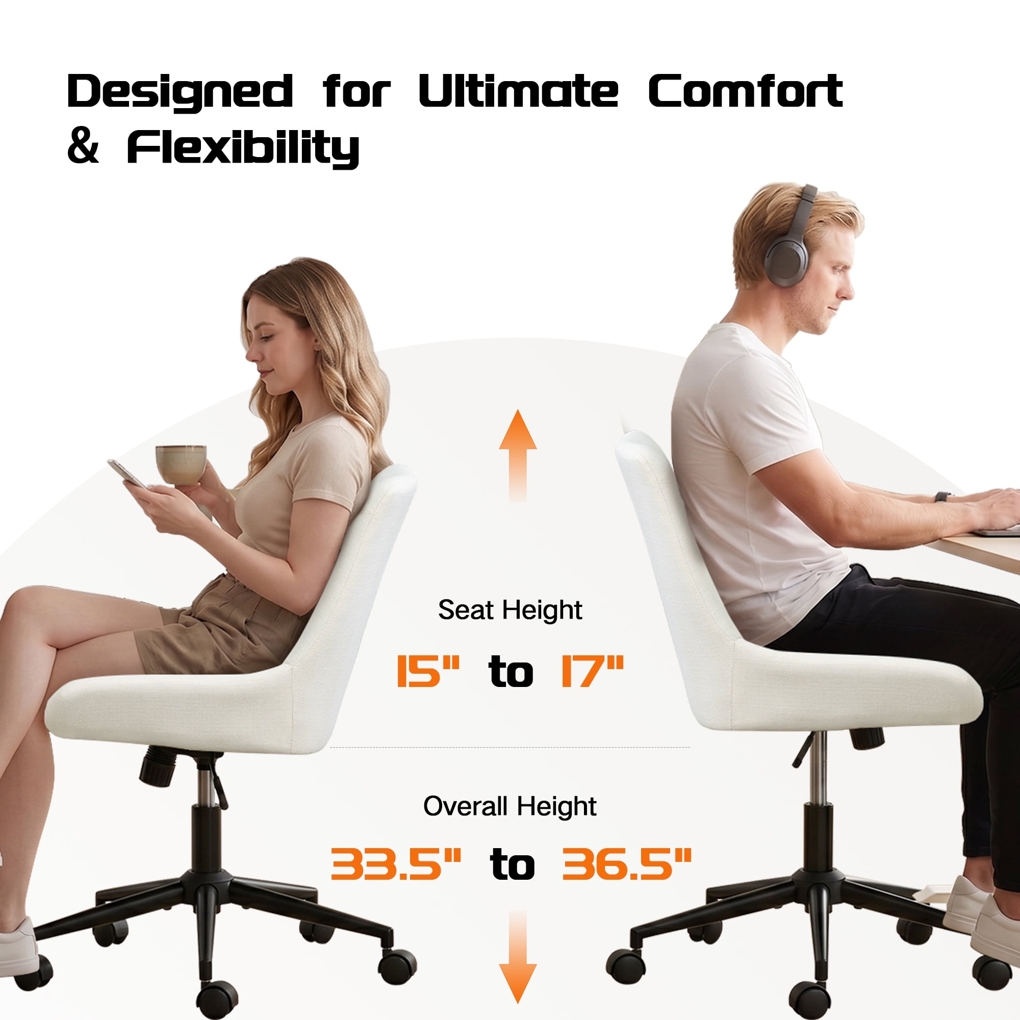 Armless Desk Chair with Wheels, Adjustable Swivel Fabric Makeup Chair, Comfortable Home Office Task Computer Chair, Beige