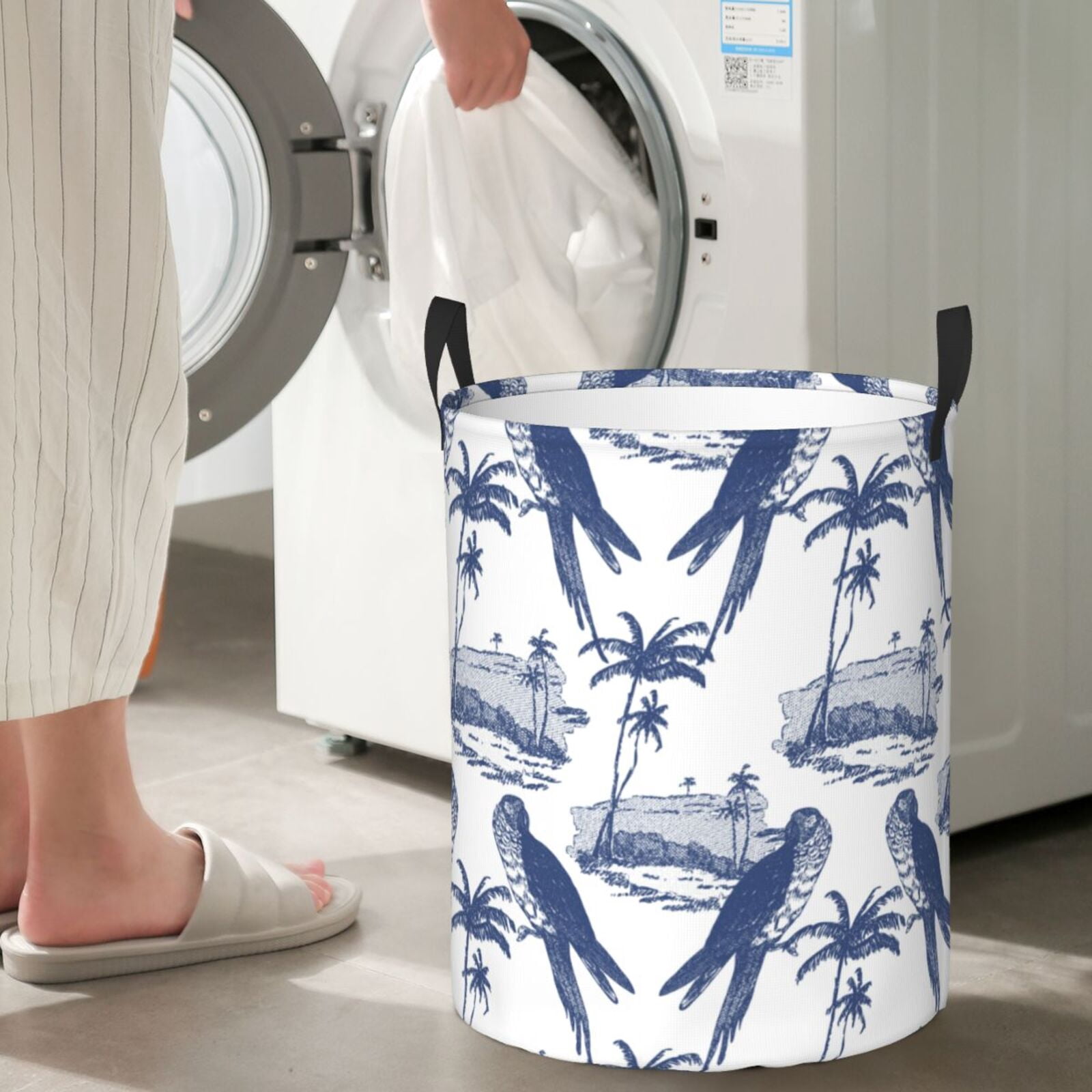 Large Laundry Basket with Handles - Sketch Parrot Palm Tree Kids Baby Dirty Clothes Laundry Hamper for Bedroom Aesthetic