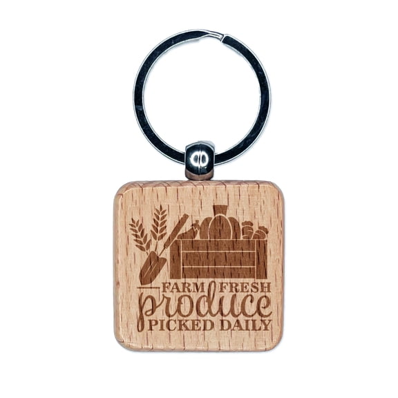 Farm Fresh Produce Picked Daily Farm Garden Vegetables Square Keychain Charm Tag - Engraved Wood