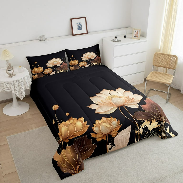 Gold Lotus Flower Bloom bedding set duvet popular cover, black bedding set with oriental floral lotus with pretty golden moon design, fancy gold bed