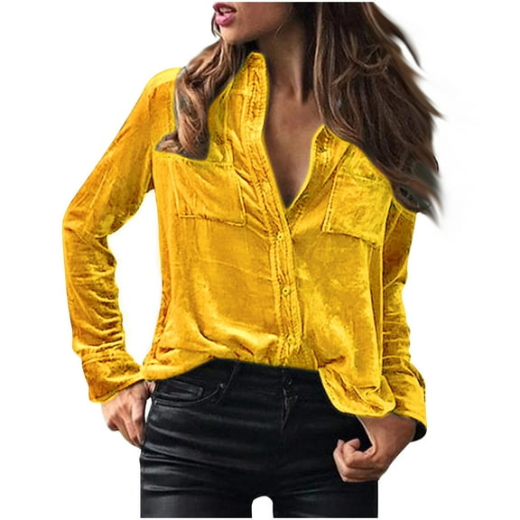 CQONEPT Women's Velvet Shirts Lapel Neck Long Sleeve Tunic Tops Casual Fall Winter Blouse with Pockets Yellow XL