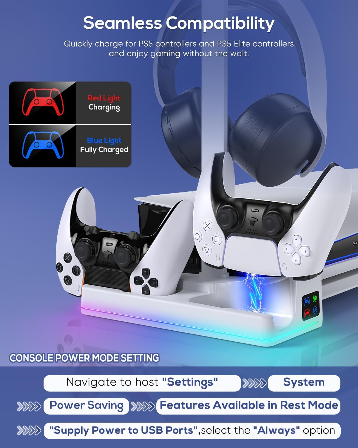 RGB Horizontal Charging Stand & Auto Cooling Fan Station for PS5 Slim Digital & Disc/PS5 PRO Digital, Dual Charger for PlayStation 5/Elite Controllers, Accessories &14 RGB Light Modes & Headset Holder