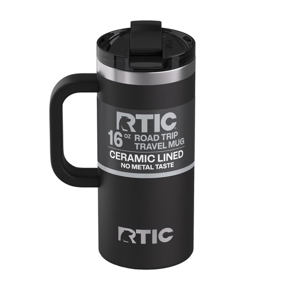 RTIC 16 oz Ceramic Lined Insulated Road Trip Travel Mug, Leak-Resistant Lid, Black