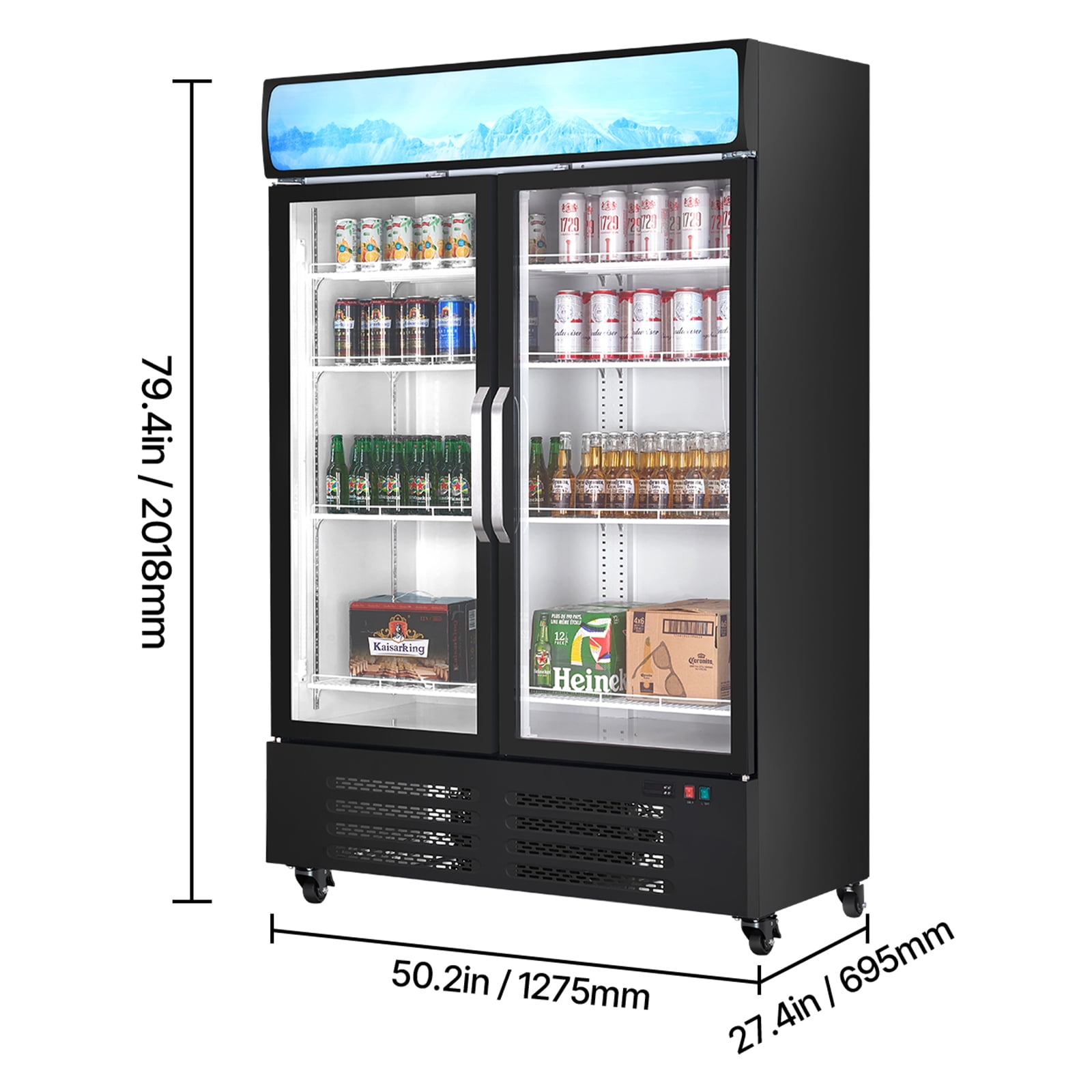 KFFKFF Business-Grade Beverage Chiller, 36.27 CU.FT Vertical Drink Cooler, Dual Transparent Door Fridge with 8 Modifiable Racks, Subtle LED Illumination, Personalizable Lightbox, Mobile Wheels, Black