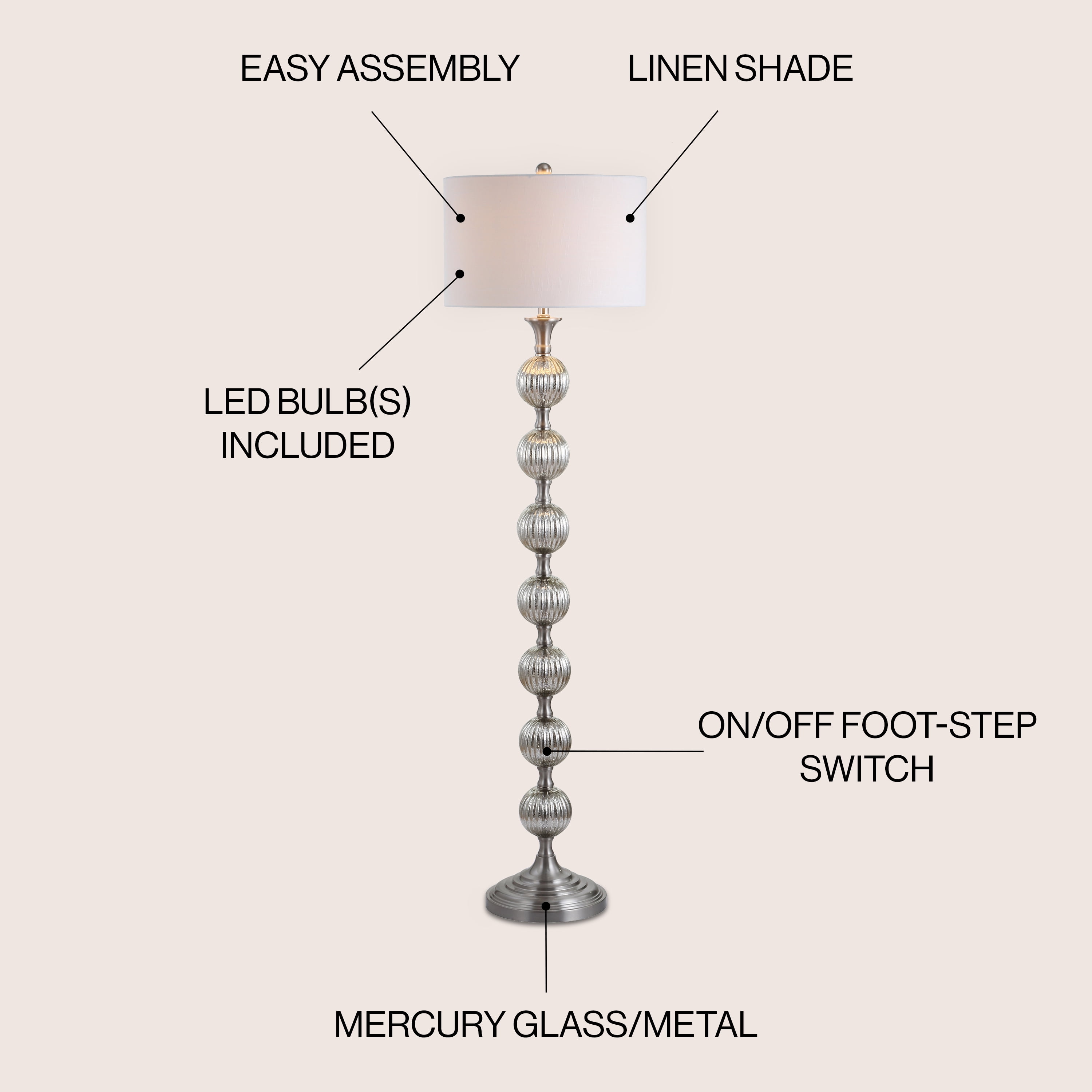 JONATHAN Y Oslo 60.5" Glass/Metal LED Floor Lamp, Mercury Silver, JYL1019A