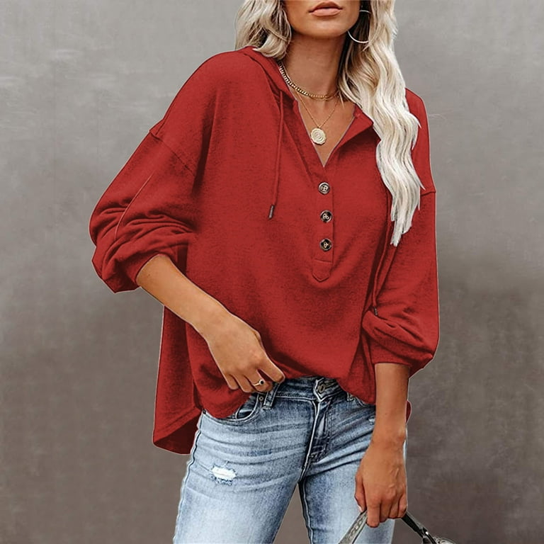 JDEFEG Casual Shirts Women Long Sleeve V Neck Pullover Top Solid Color  Casual Fashion T Shirt Fancy Blouses for Women T Shirts for Women Polyester  Red