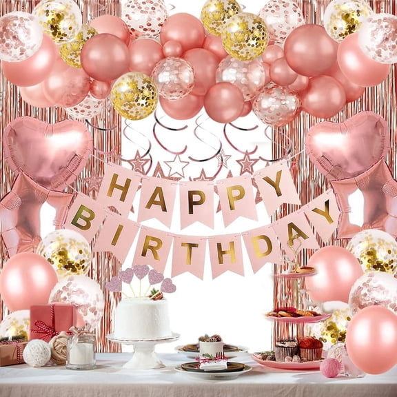 Rose Gold Birthday Party Decorations, Happy Birthday Banner, Rose Gold Fringe Curtain, Heart Star Foil Confetti Balloons, Hanging Swirls for Women Birthdays Princess Party