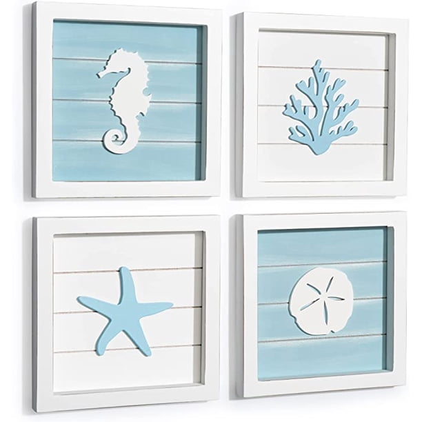 Decoración de pared de playa con tema oceánico (juego de 4 enmarcados) Arte de pared costero 3D con estrella de mar, caballito de mar, dólar de arena y coral - Decoración de baño de playa turquesa -
