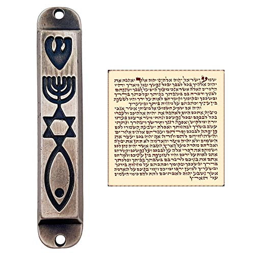 TALISMAN4U Pewter Messianic Mezuzah Case with Scroll for Door Jerusalem Menorah Messianic Seal 10 cm / 4 Inch