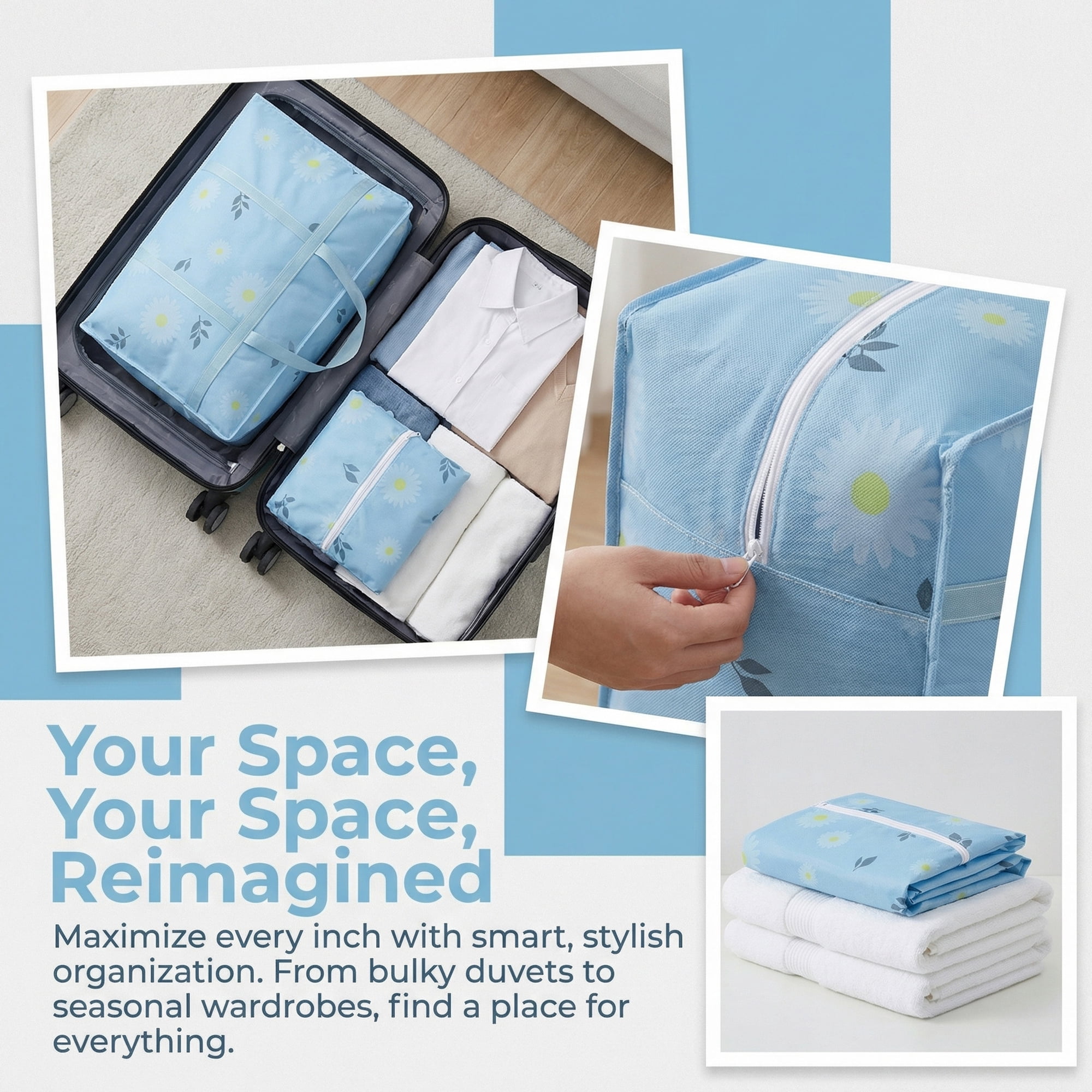 Unique Bargains Foldable Storage Bags for Organizing Livingroom Blue 22.4"x9.8"x15.7"