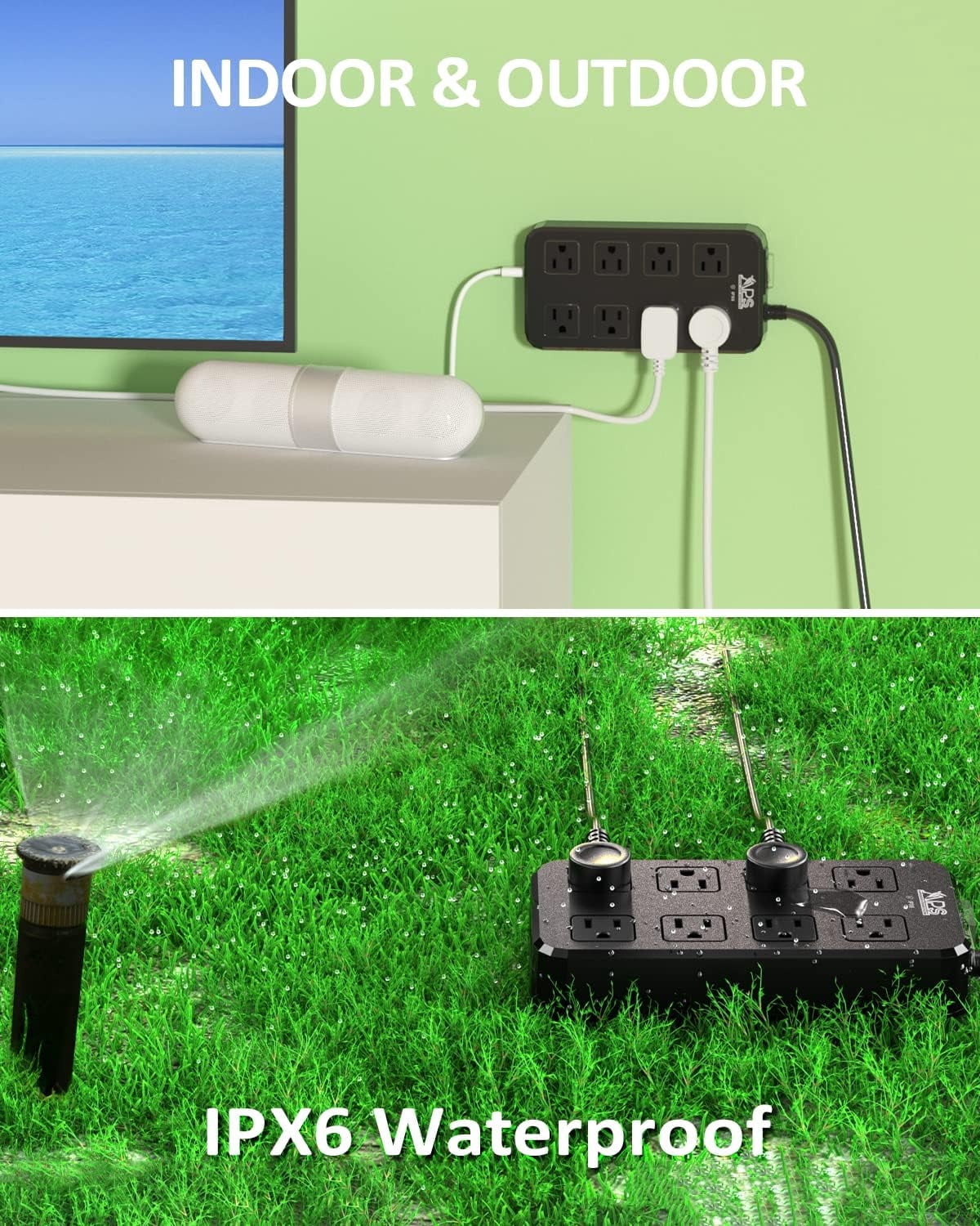 IPX6 Outdoor Power Strip Weatherproof, Waterproof Surge Protector with 6 Wide Outlet(10FT)+3 USB(1 USB C) Ports,Wall Mountable for Outside Decorations (Black)