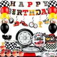 thumbnail image 1 of Race Car Birthday Decorations, 117 Pcs Party Decorations & Tableware - Colorful Plates Napkins Balloons Hanging Swirl Etc Racing Car Party Supplies, 1 of 7