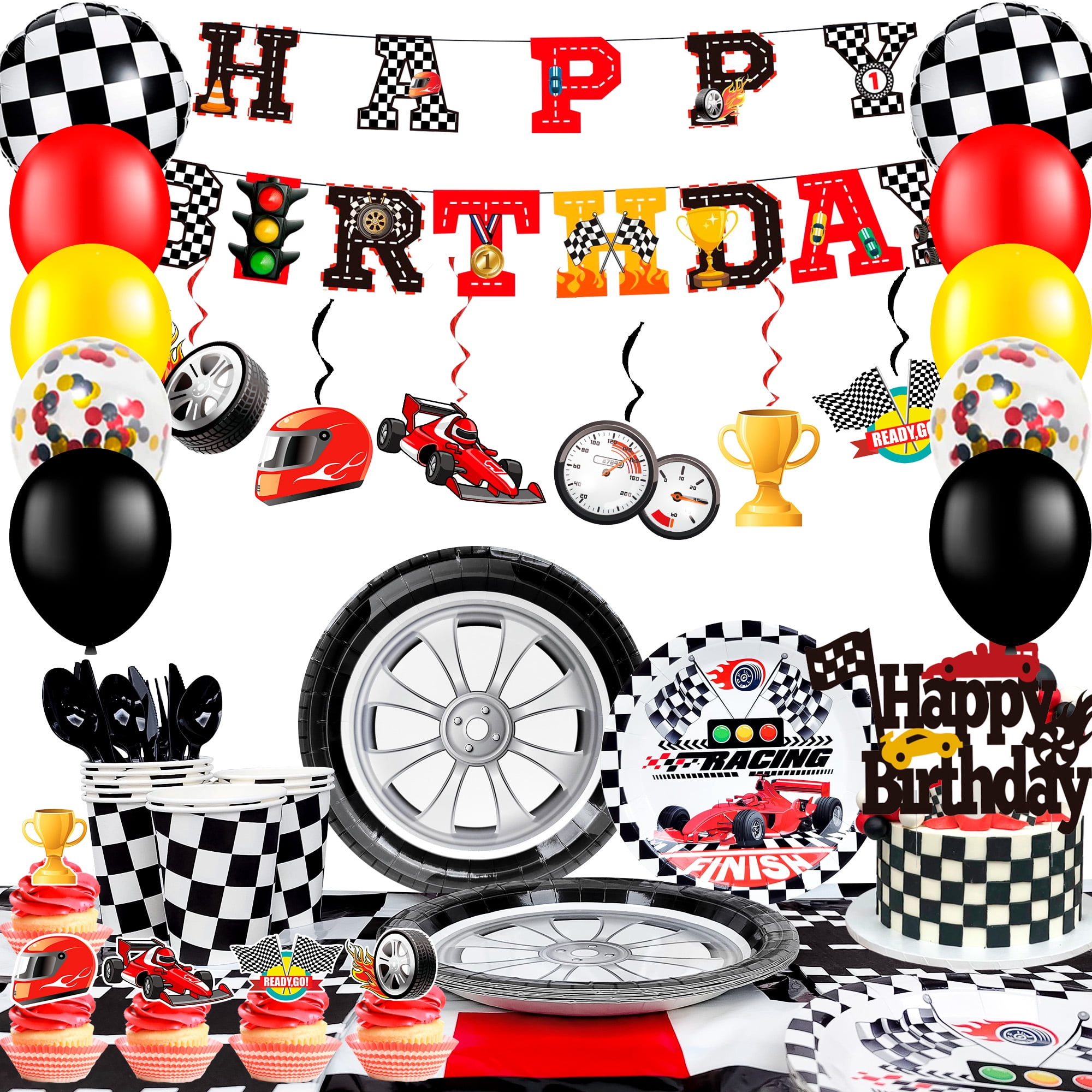 Kit Décoration Fête Anniversaire Voiture De Course Pour 20 Personnes - Assiettes Nappe Gobelets Serviettes Drapeau