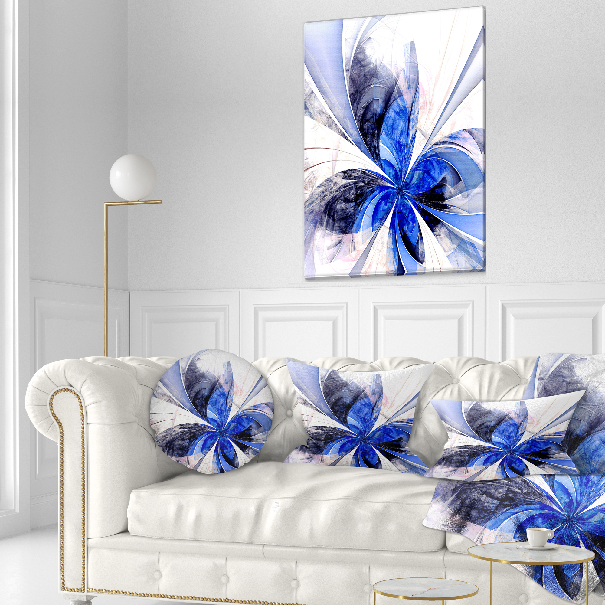 Designart Symmetrical Bright Blue Fractal Flower - Floral Throw Pillow - 12x20