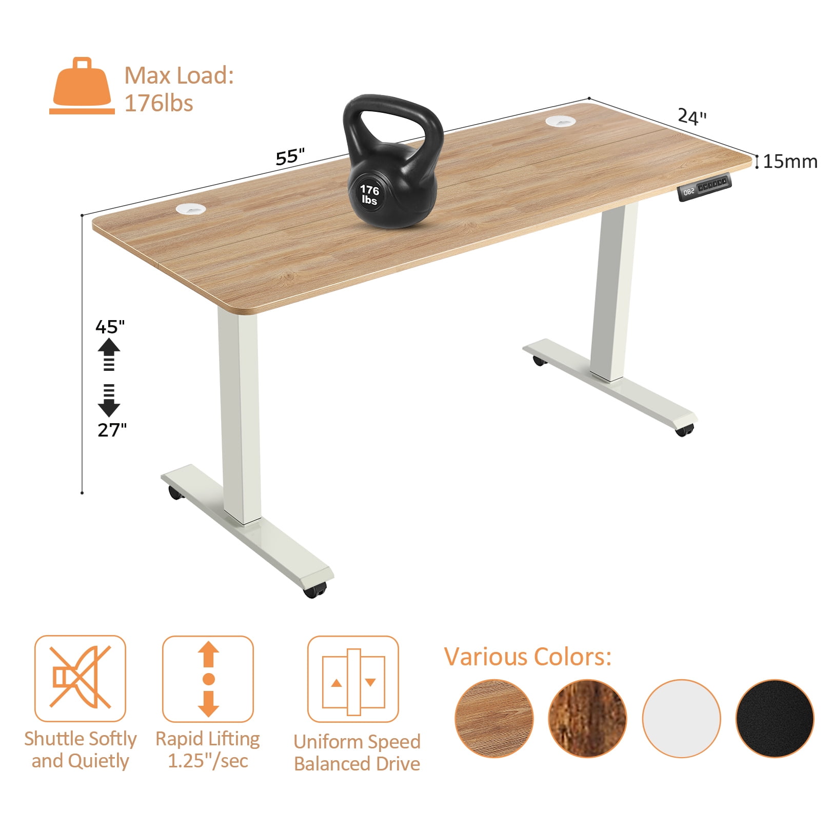 Legooin 48x24 Standing Desk Wooden Office Desk with Alloy Steel Frame, Stand-up Desk with Headphone Hooks, 4 Memory Height Buttons, Oak