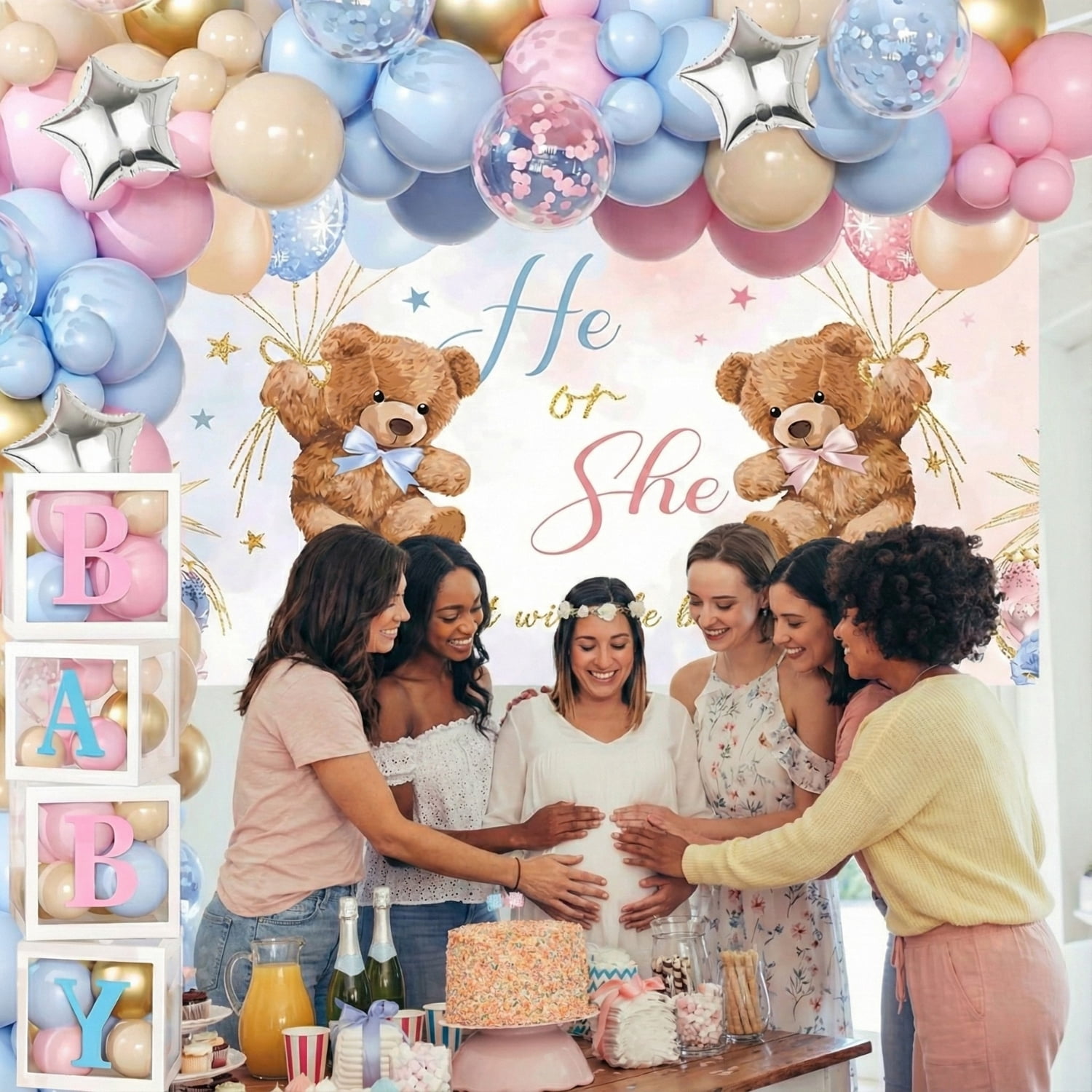 Happy Greetings Gender Reveal Party Decoration Kit Bear Backdrop Pink Blue Balloon Garland 4pcs Baby Box with Letters