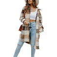 thumbnail image 2 of Seyurigaoka Women Juniors Shacket Long Coat, Lapel Plaid Loose Single-breasted Woolen Outwear, 2 of 8