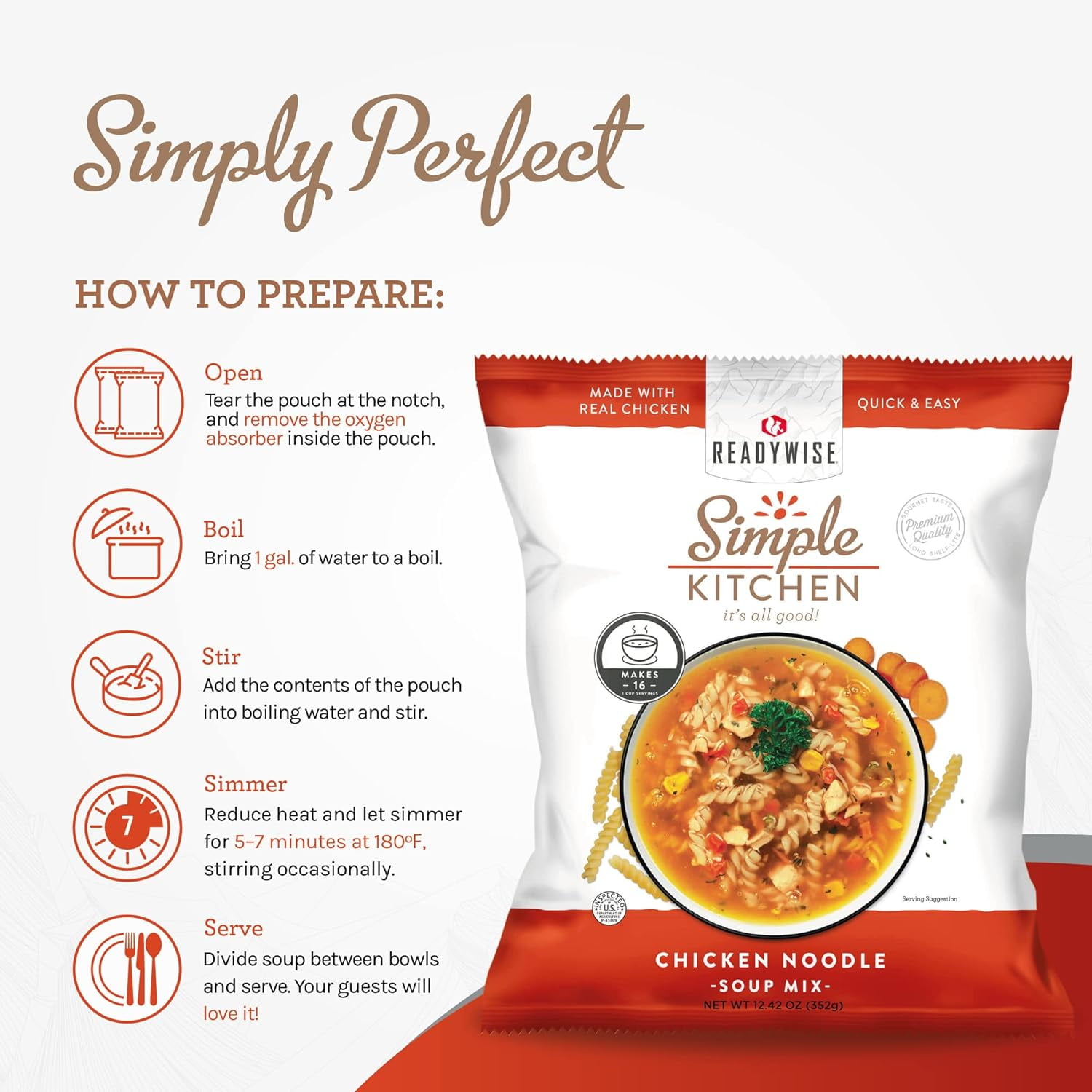 ReadyWise Simple Kitchen|Professional Series|Restaurant-Quality|Chicken Noodle Soup Mix 16 Servings per Pouch|Restaurants, Emergency Food Storage, Meal Prep, Vegetarian & Gluten-Free, Pack of 4