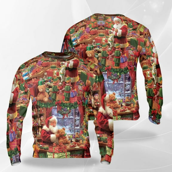 Santa’s Toy Workshop Christmas Sweatshirt, Vintage Holiday Santa Crewneck, Elves and Gifts Festive Pullover, Classic Christmas Sweater for Men Women