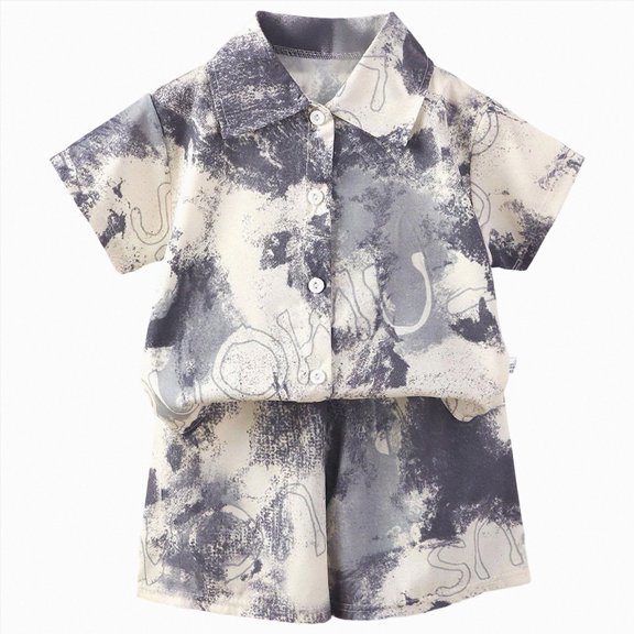 Nwiuh Boy Shorts Sets Hawaiian Outfit Kid Floral Short Sleeve Shirt Top shorts Suits(Light Gray, 9-10 Years)